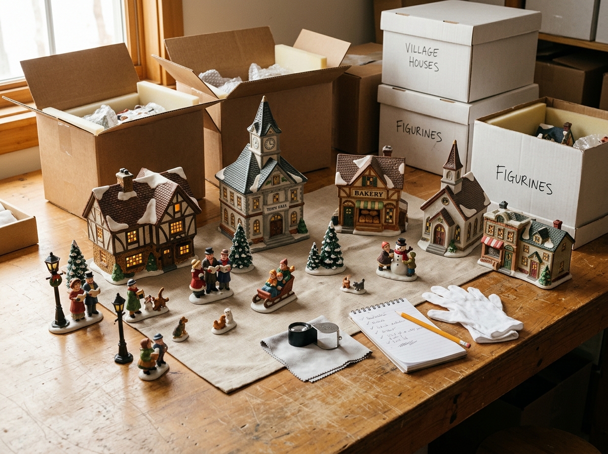 Generated reference image of collectible ceramic holiday village pieces with small figurines, storage boxes, and condition-inspection details