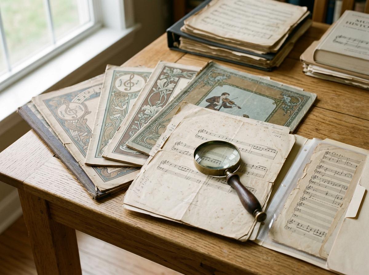 Generated reference image of an old sheet music collection with illustrated covers, loose pages, foxing, creases, and archival inspection details