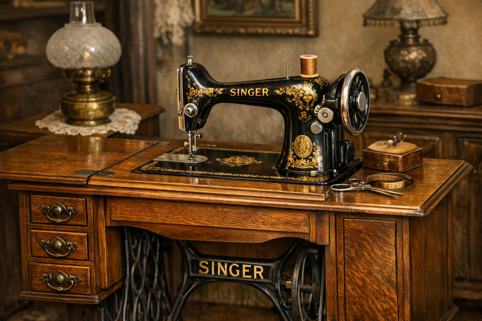 Antique Singer sewing machine with serial-number area, decals, black enamel, handwheel, cabinet, attachments, and condition notes