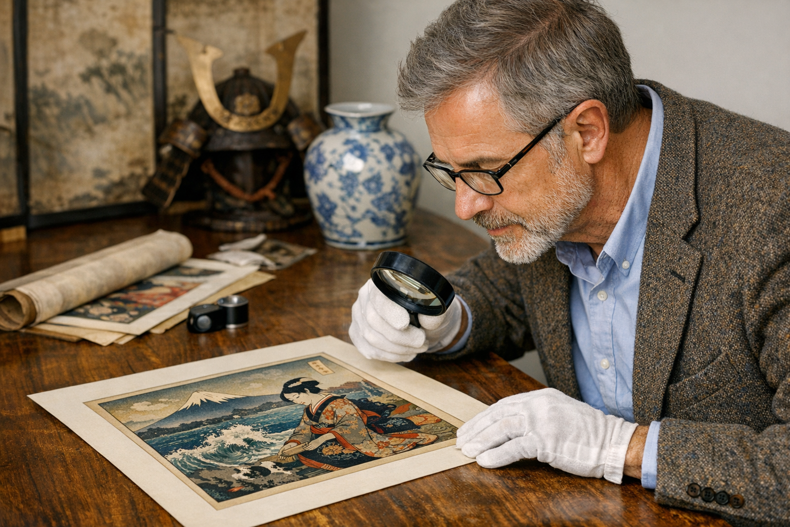 Asian art appraisal workspace with ceramic, print, mark, material, condition, and provenance documentation details under review