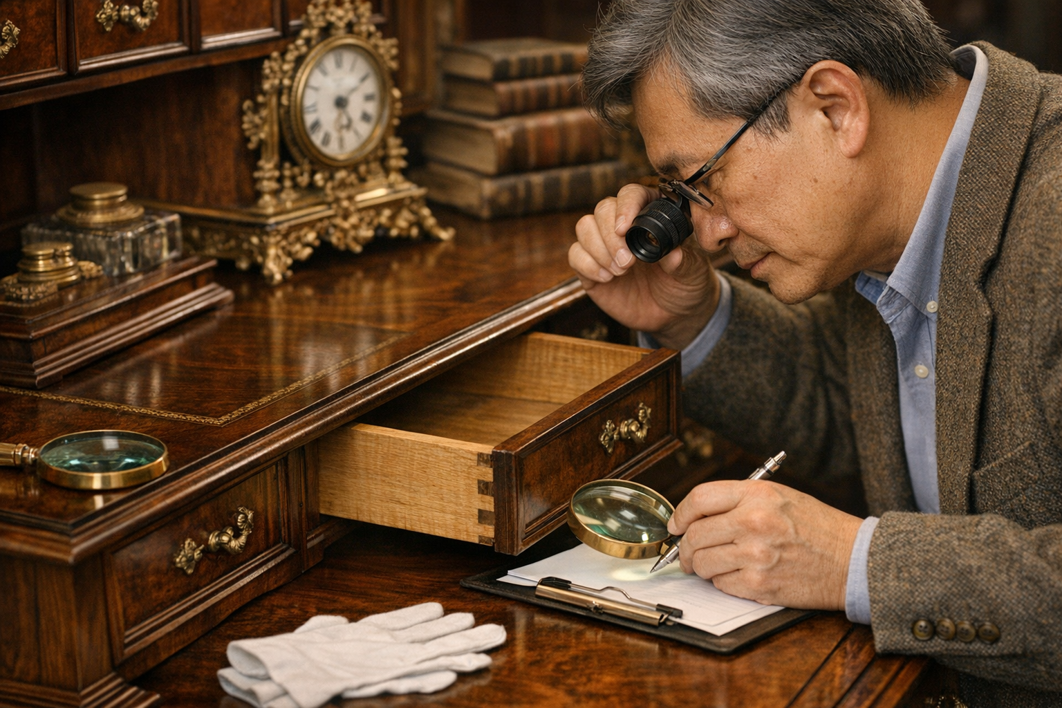 Antique furniture appraisal workspace with wood grain, joinery, hardware, maker marks, measurements, repair notes, and condition details under review