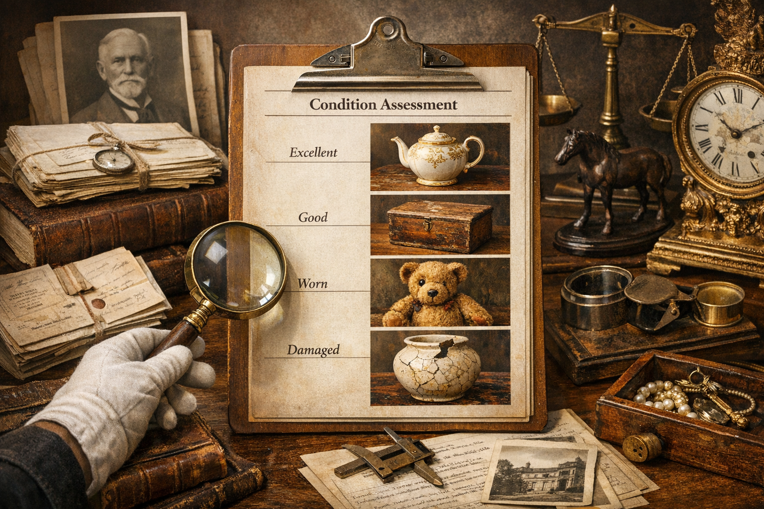 Antique appraisal guide with identification clues, maker marks, material notes, condition criteria, provenance records, photos, and market evidence