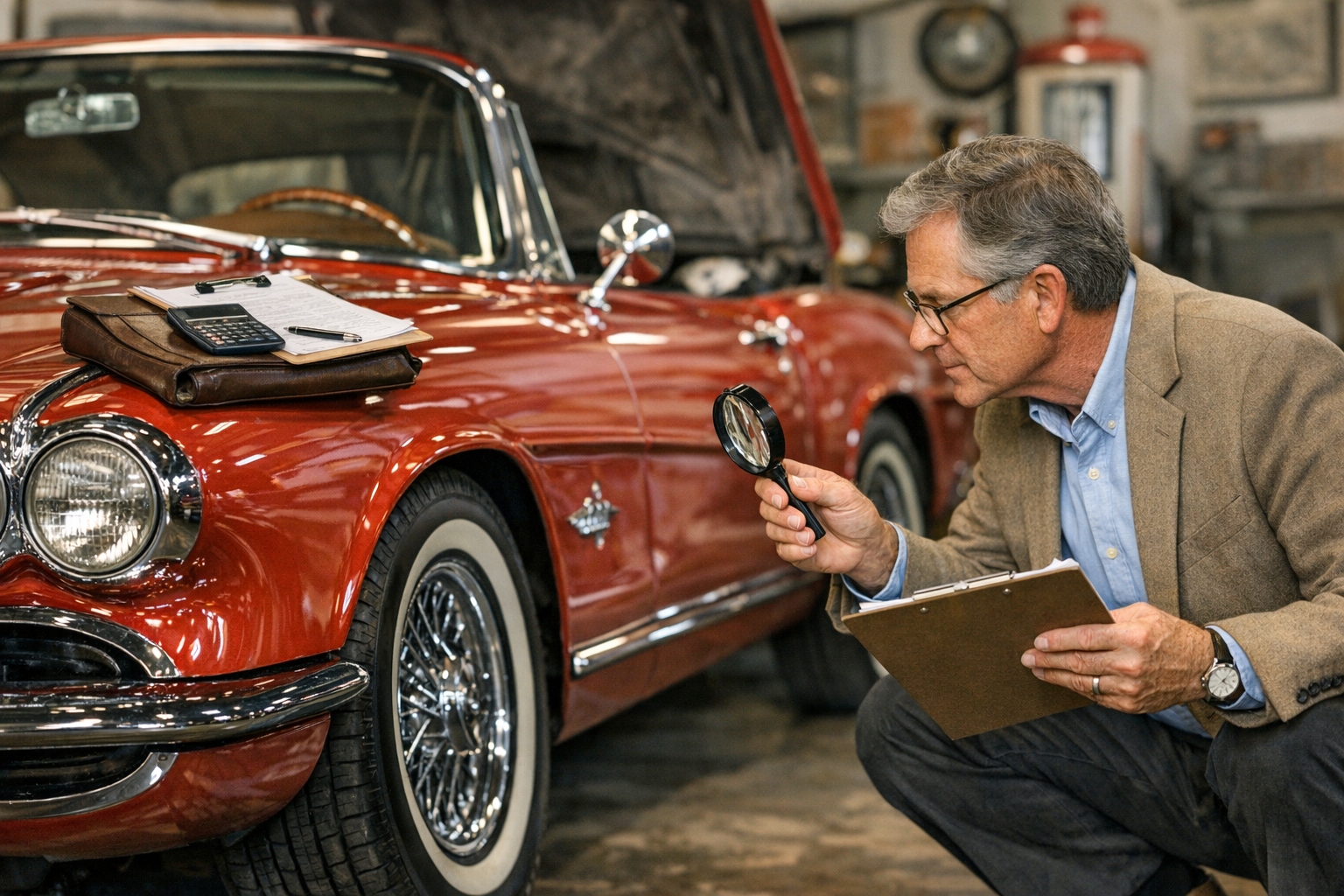 Antique car appraisal reference with VIN, engine bay, trim, mileage, body, interior, repair records, restoration notes, photos, and condition