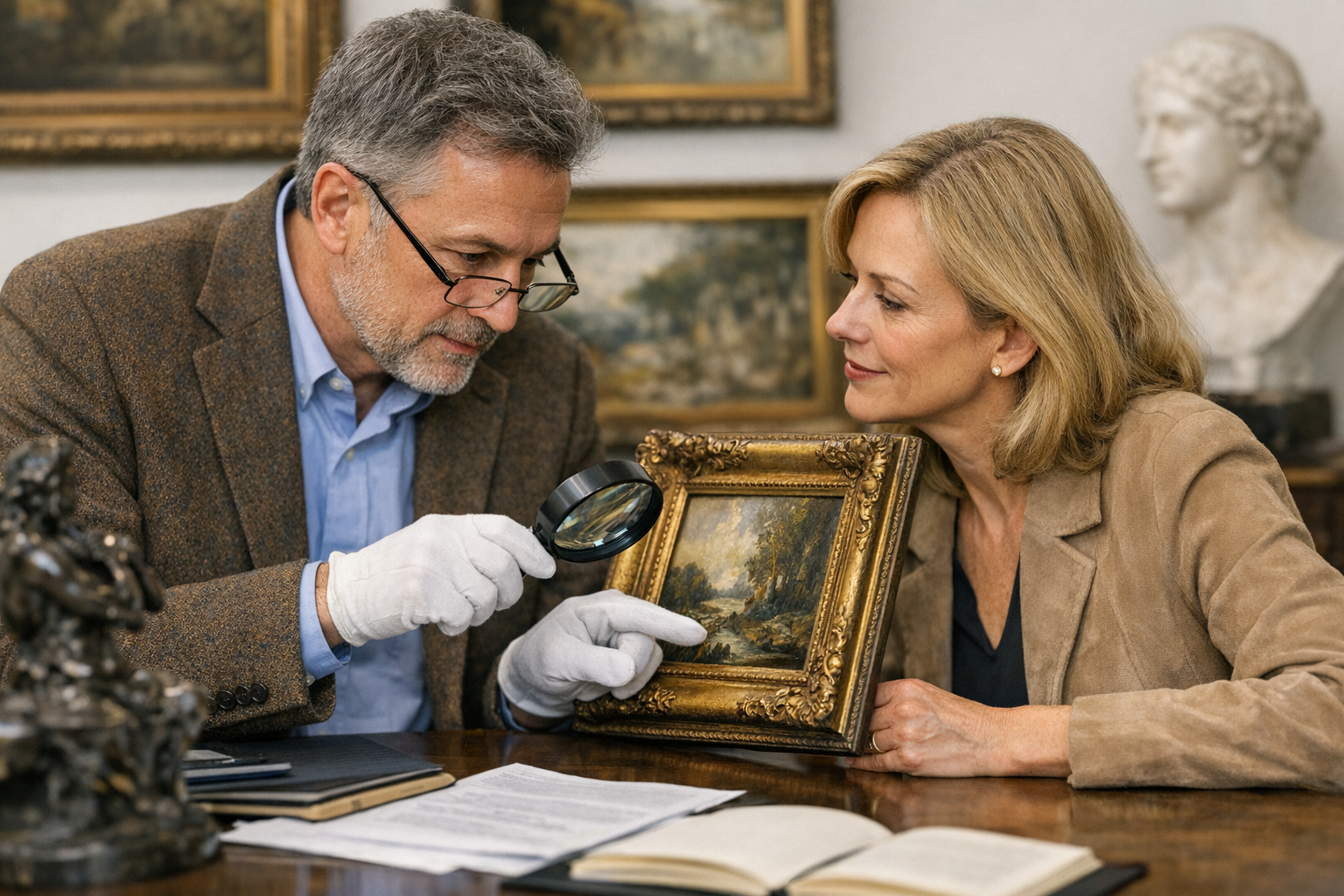 Fine arts appraiser review with artwork photos, specialty fit, credentials, report scope, condition notes, records, and appraisal purpose
