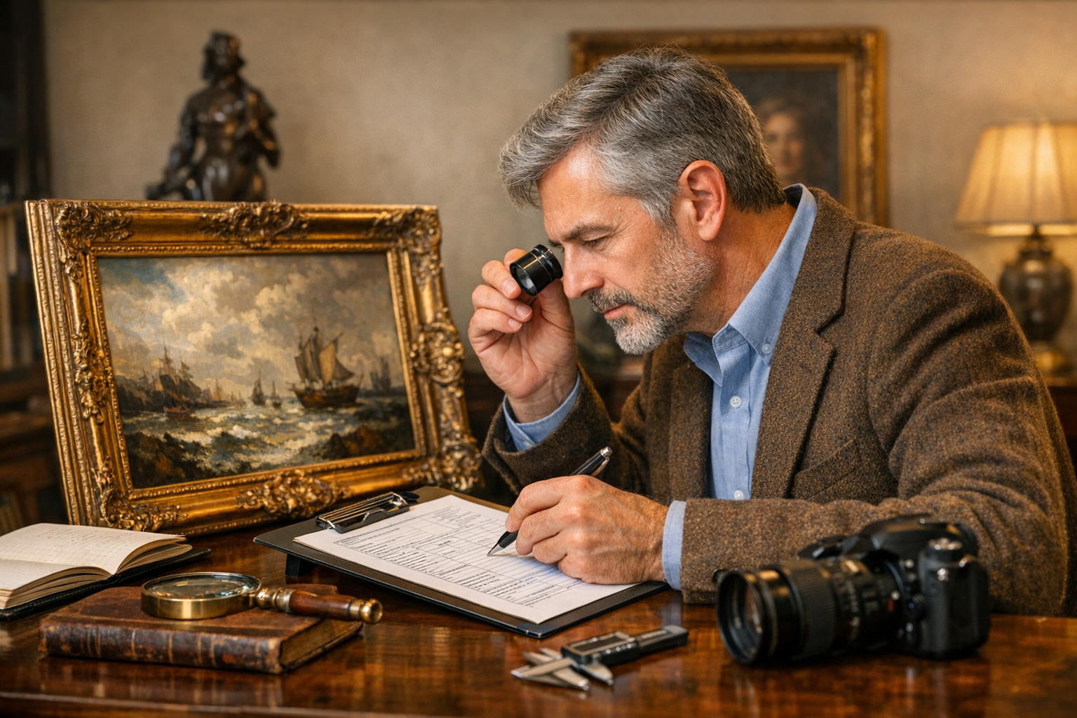 Fine art appraisal service review with artwork photos, appraiser specialty, report purpose, value type, condition notes, records, and delivery scope