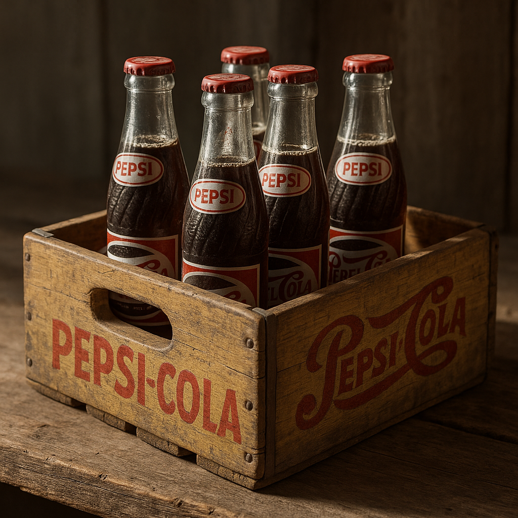 Old wooden Pepsi crate appraisal reference with logos, stencil style, wood construction, dividers, wear, repairs, dimensions, photos, and condition