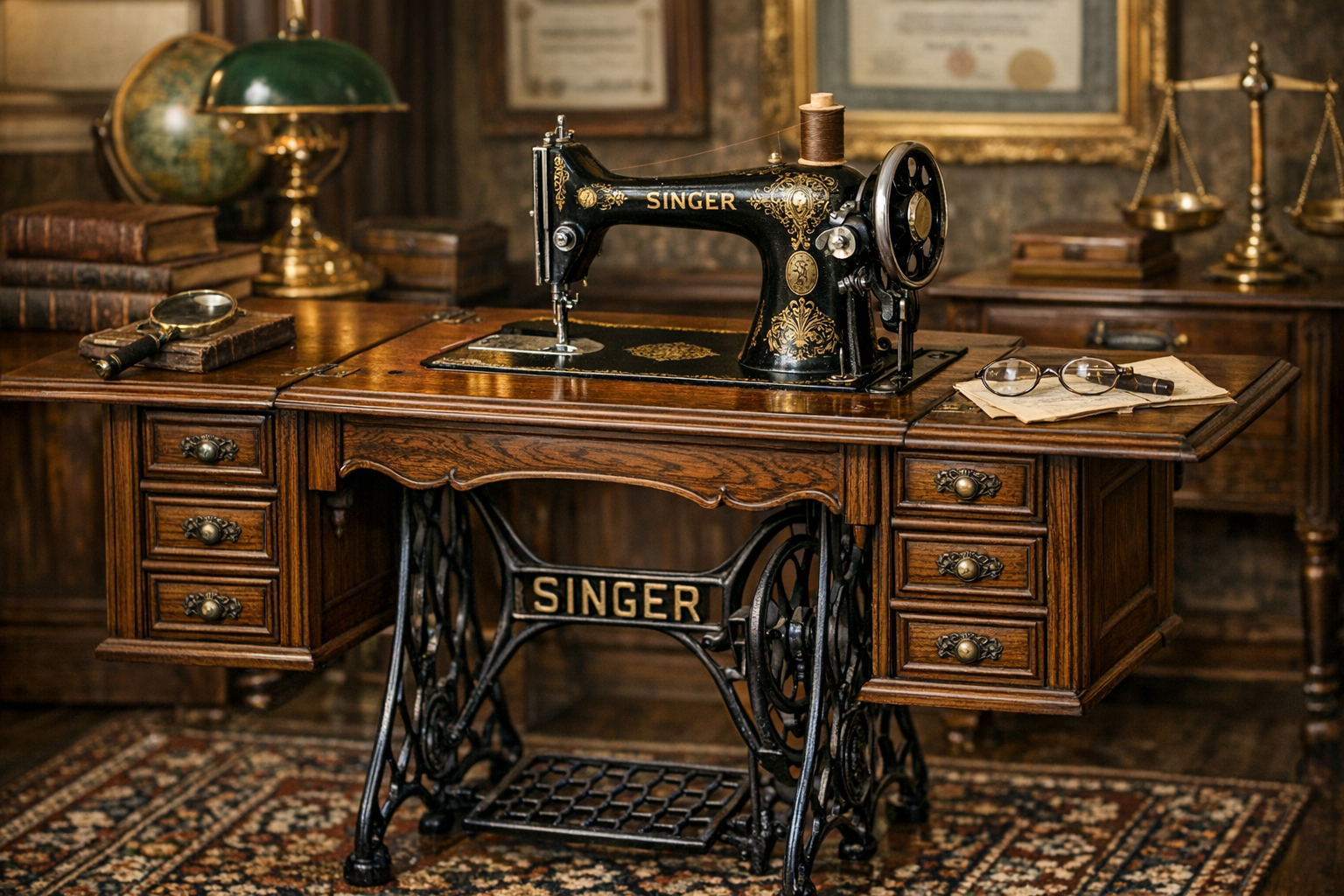 Antique sewing machine cabinet value reference with maker, model fit, wood, veneer, treadle base, drawers, hardware, repairs, photos, dimensions, and condition
