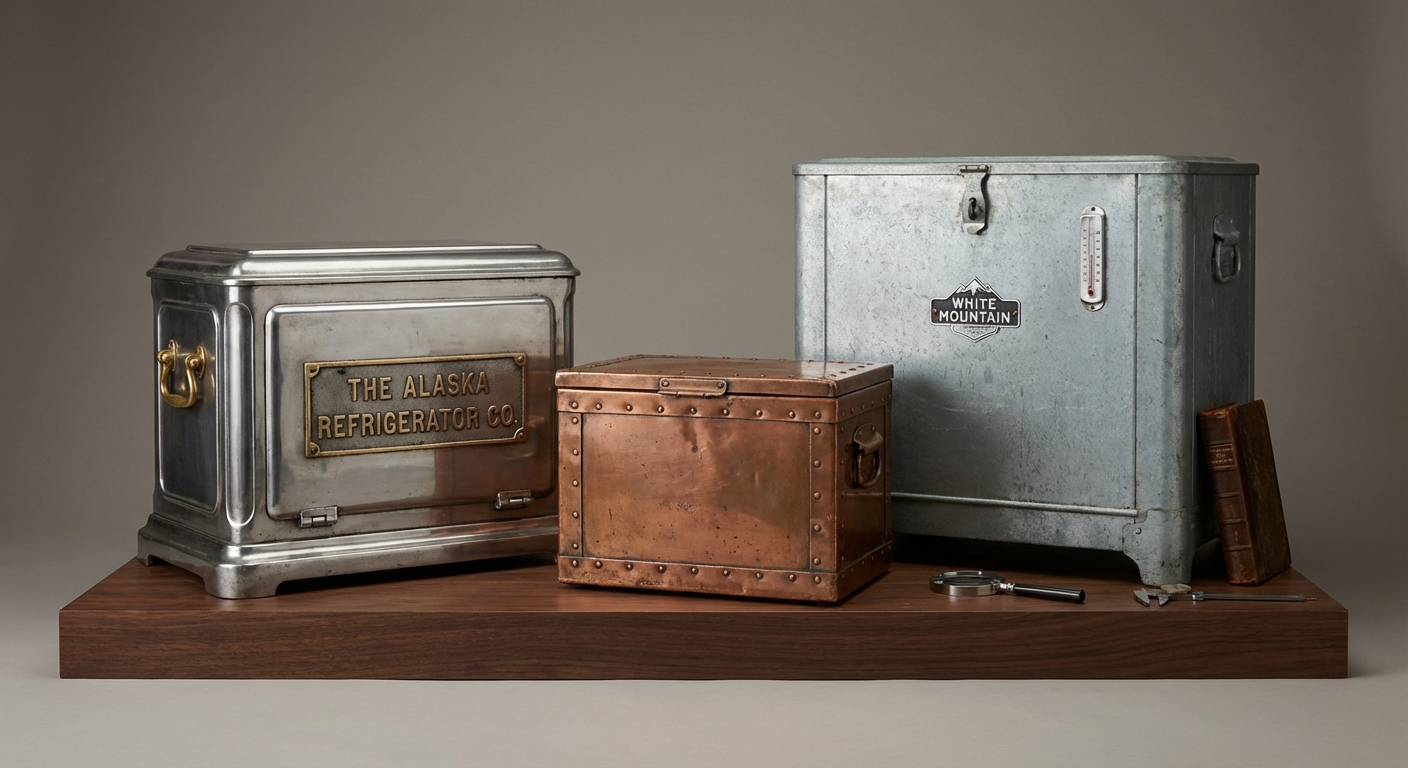 Antique metal ice box value reference with maker, cabinet material, hardware, liner, shelves, finish, rust, repairs, photos, dimensions, and condition