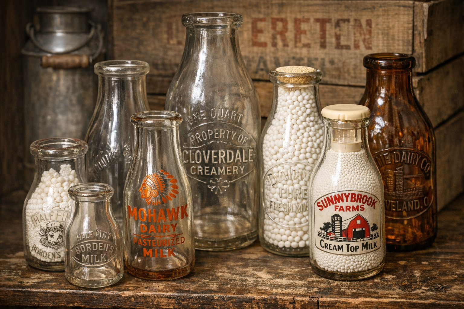 Old milk bottle value reference with dairy name, embossing, pyroglaze labels, color, shape, closure type, chips, haze, photos, and condition