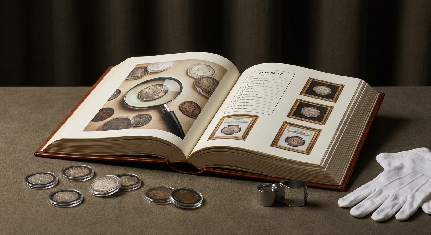 Antique coin value reference with denomination, date, mint marks, metal, strike, wear, scratches, cleaning, photos, holders, and condition