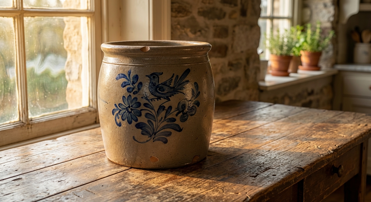 Antique 10 gallon crock value reference with capacity marks, maker stamp, cobalt decoration, glaze, chips, cracks, photos, and condition