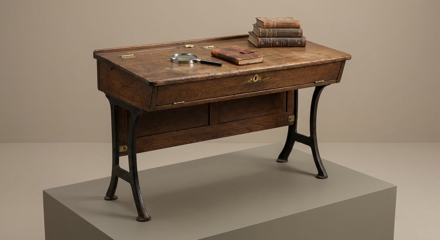 Antique school desk value reference with maker marks, wood, cast iron, seat, inkwell, hardware, finish, repairs, photos, and condition