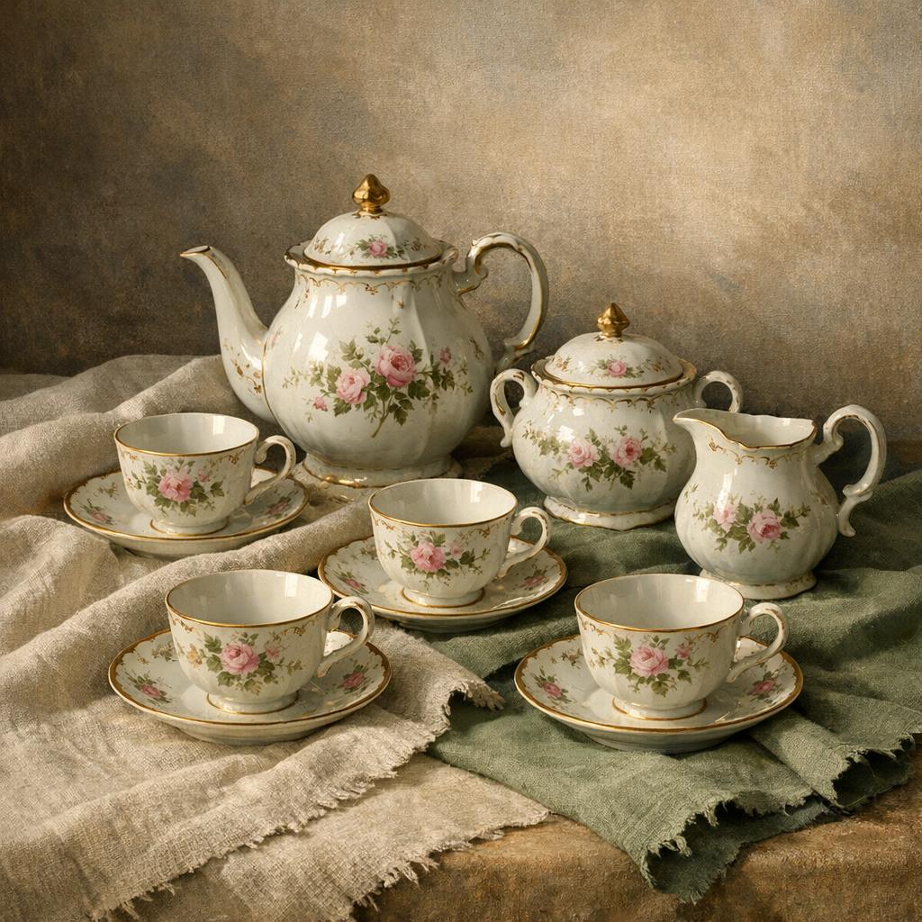 Antique tea set value reference with maker, marks, material, pattern, included pieces, replacements, damage, photos, and condition