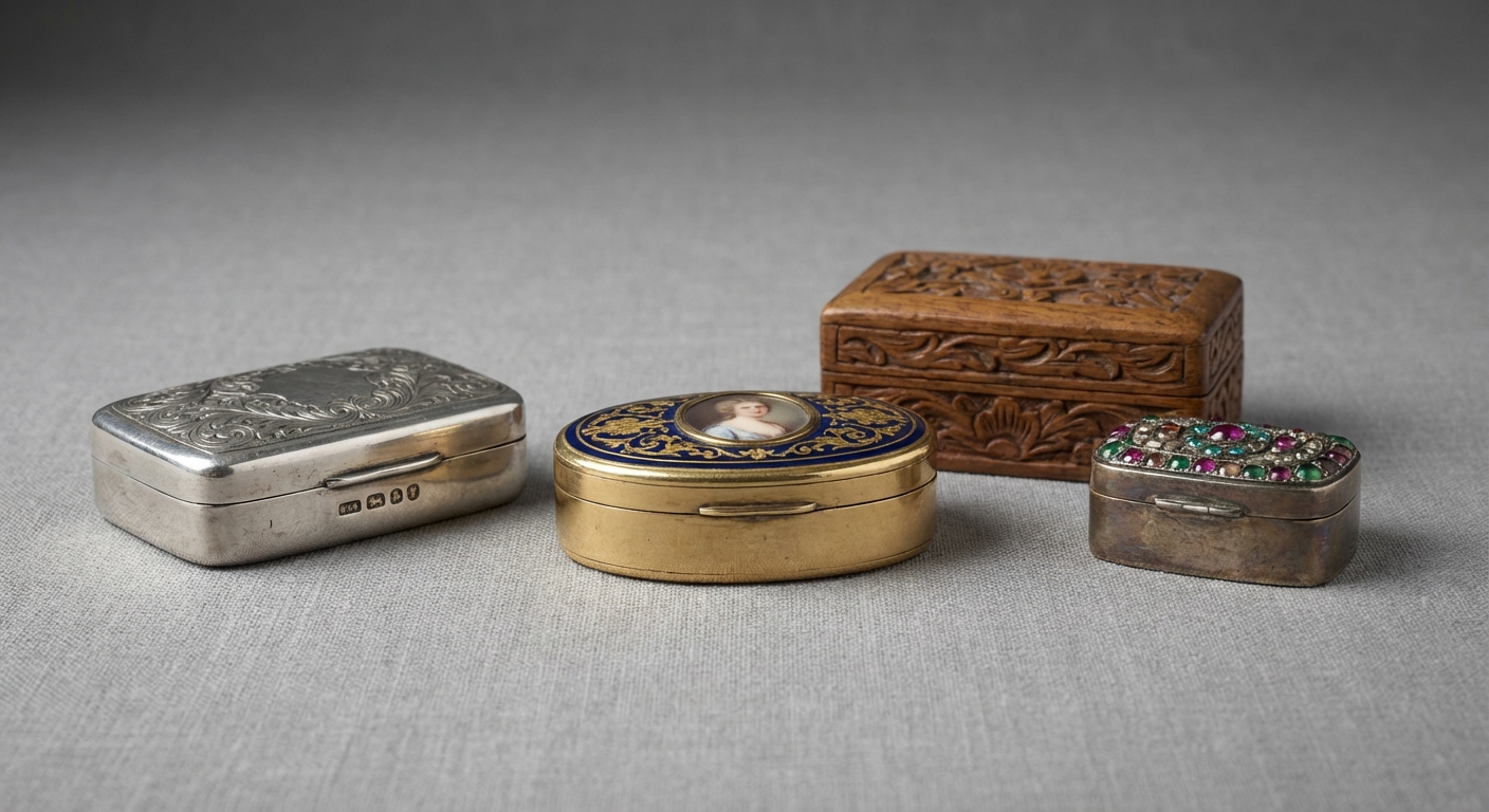 Antique pill box value reference with material, hallmarks, enamel, hinge, clasp, interior, maker, photos, and condition