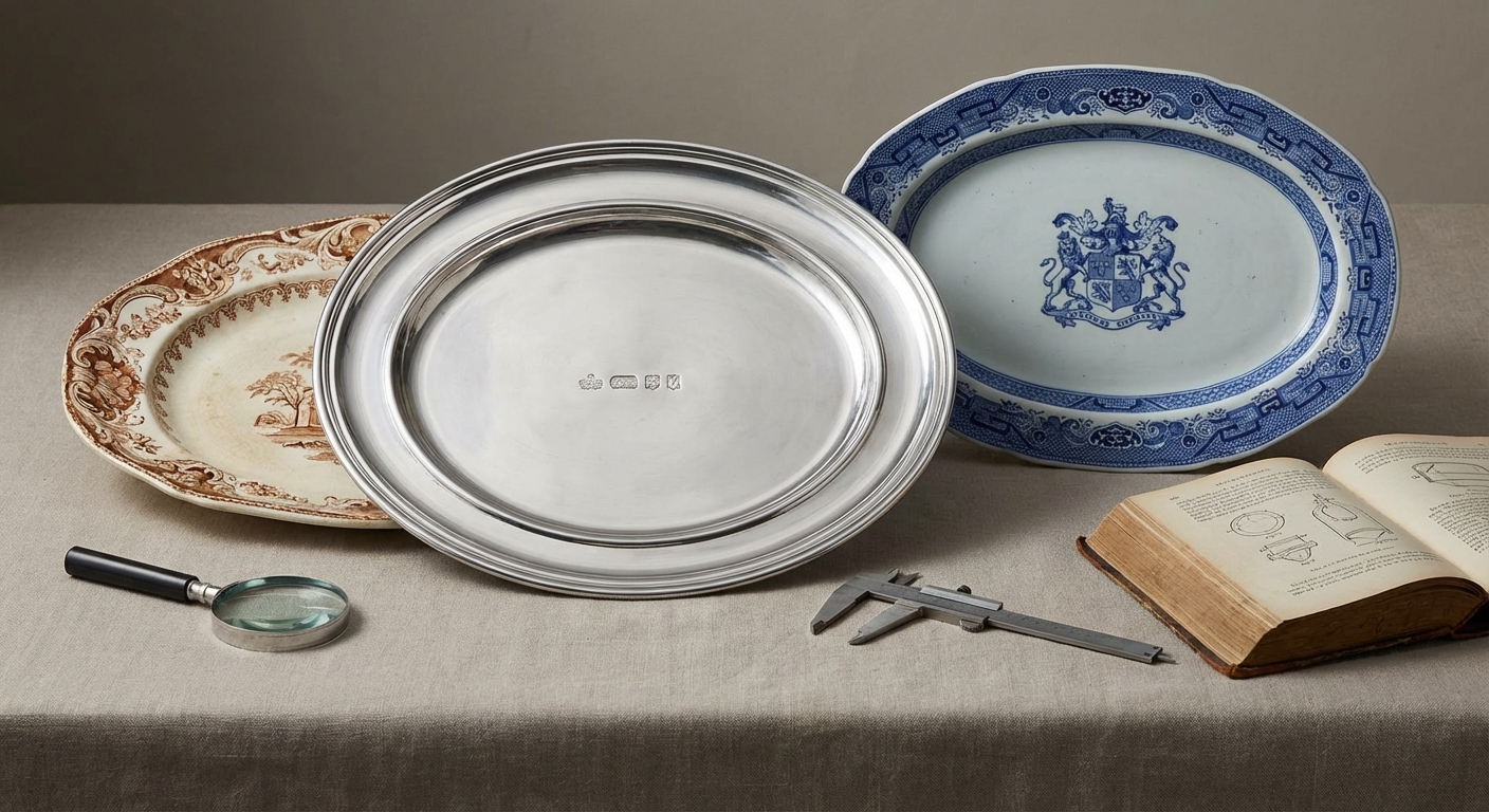 Antique platter value reference with maker, pattern, material, backstamp, size, decoration, chips, repairs, photos, and condition