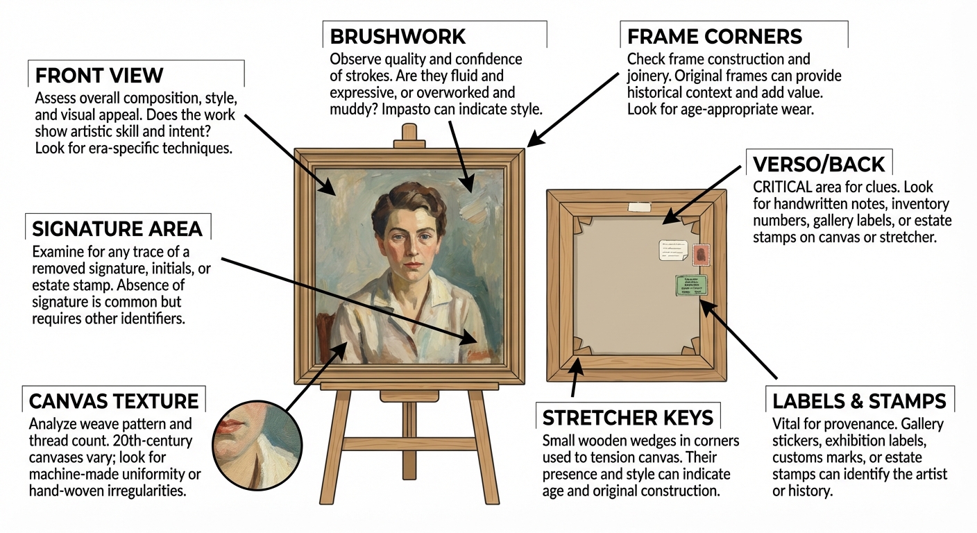 Infographic checklist showing where to look on an unsigned oil painting: front view, signature area, canvas texture, brushwork, frame corners, verso/back, stretcher keys, labels and stamps