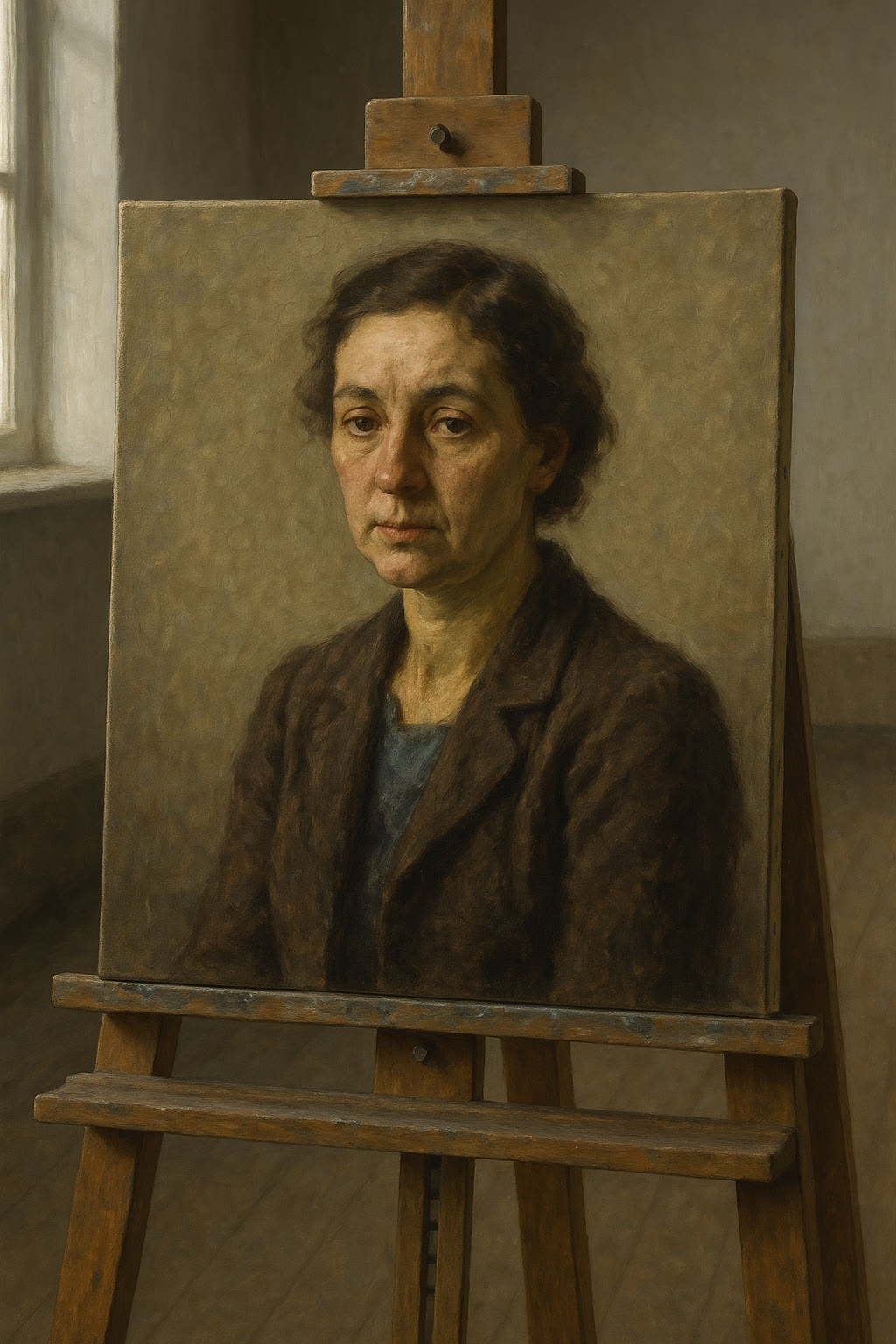 Unsigned 20th-Century Oil Painting Value example: Unsigned 20th-century oil portrait painting on canvas, staged on an easel