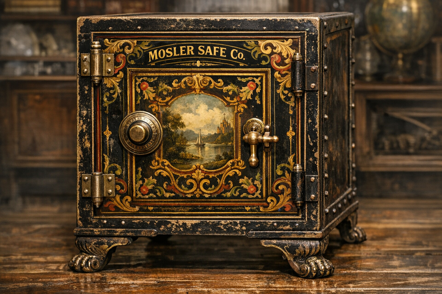 Antique safe values reference with maker marks, lock type, paint, hardware, size, interior, working condition, photos, and restoration