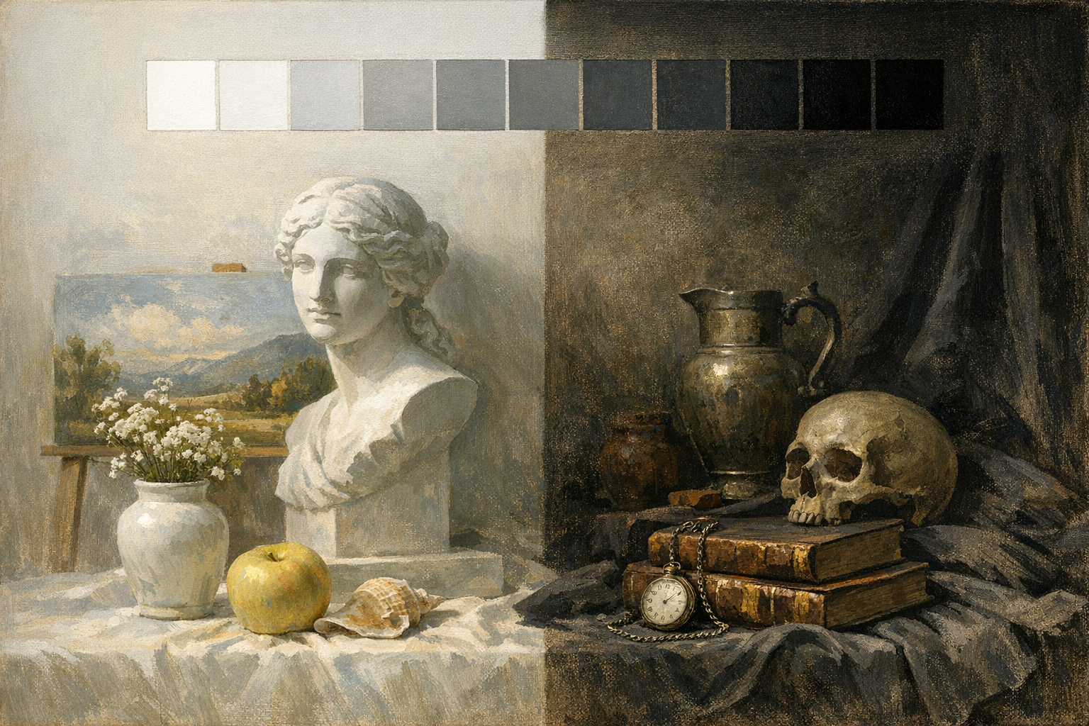 Value in art definition reference with light and dark, tonal range, composition, cultural meaning, condition visibility, photos, and appraisal context