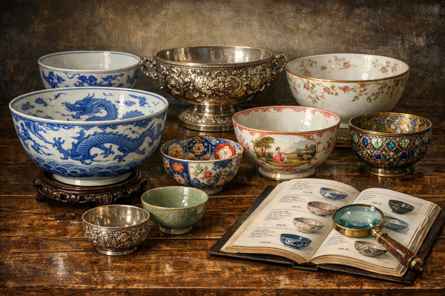 Antique bowl values reference with maker marks, material, pattern, age clues, size, condition, repairs, photos, and provenance notes