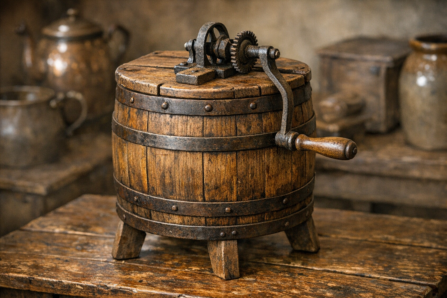Antique butter churn value reference with maker marks, wood or stoneware body, hardware, lid, paddle, size, condition, photos, and repairs