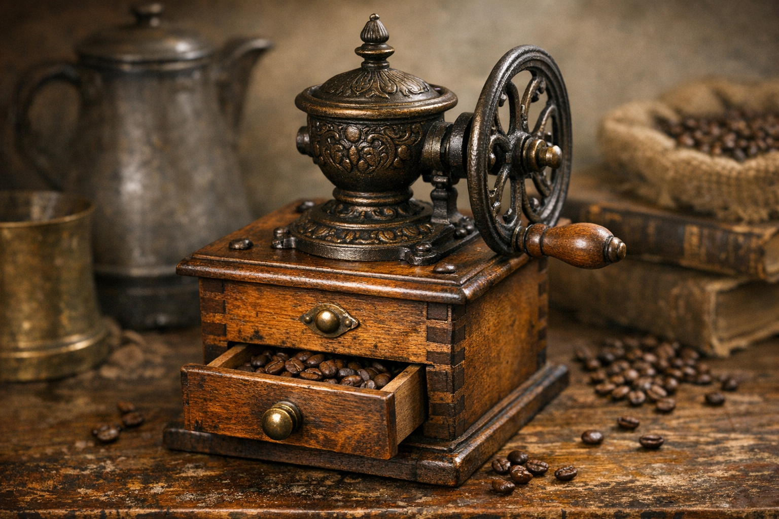 Antique coffee grinder value reference with maker marks, grinder mechanism, hopper, drawer, wood or metal case, size, photos, and condition