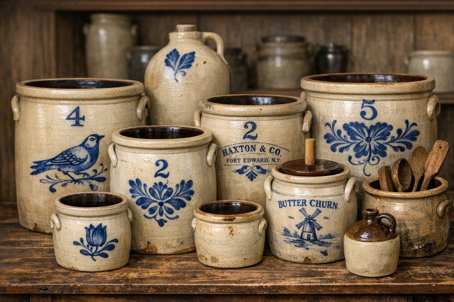 Antique crocks value reference with maker marks, size, decoration, glaze, handles, cracks, chips, repairs, photos, and provenance notes