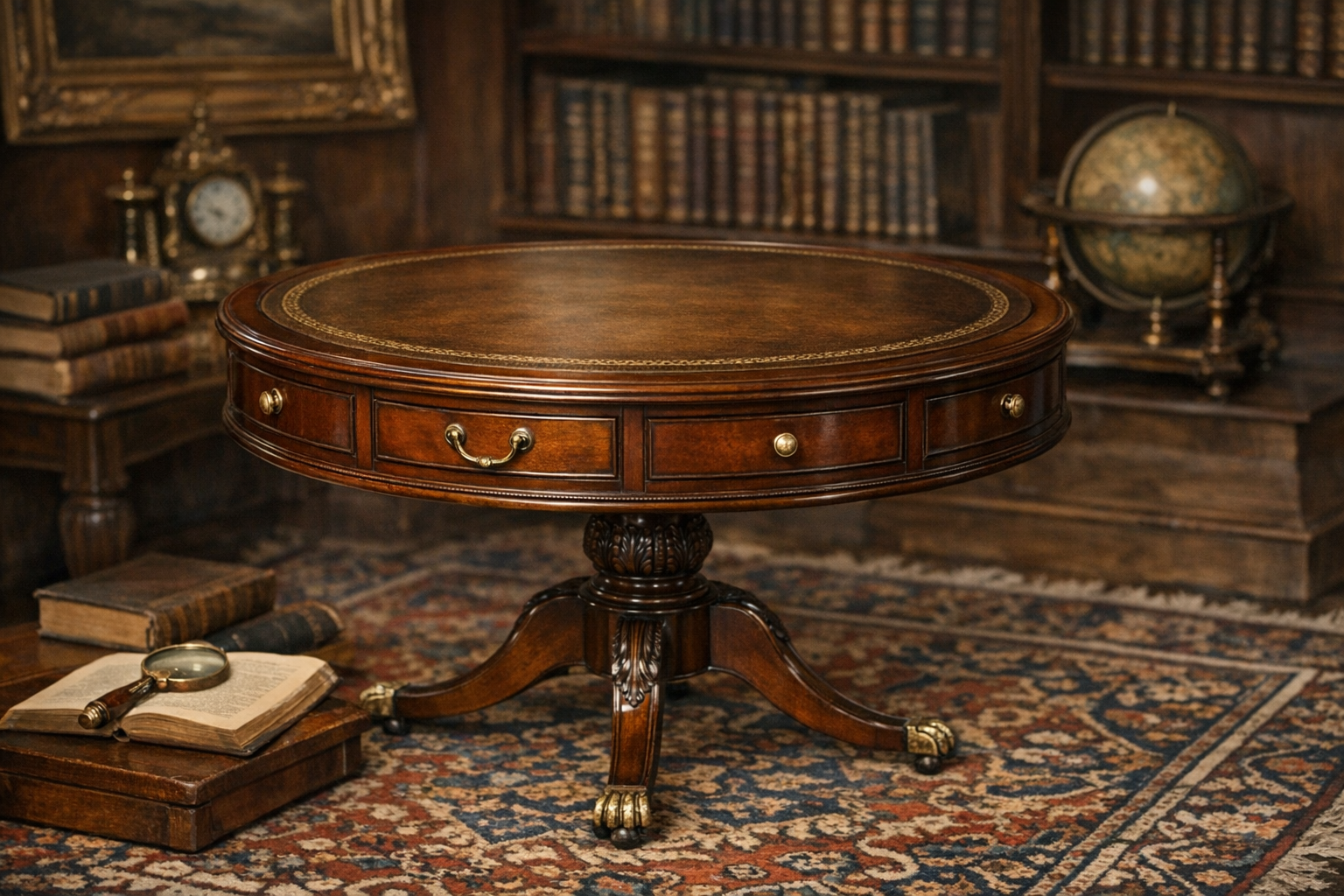 Antique drum table value reference with form, wood, leather top, base, drawers, hardware, finish, repairs, photos, and condition