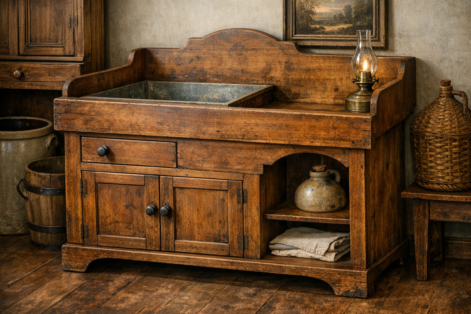 Antique dry sink value reference with construction, wood, surface, hardware, basin area, paint, repairs, dimensions, photos, and condition