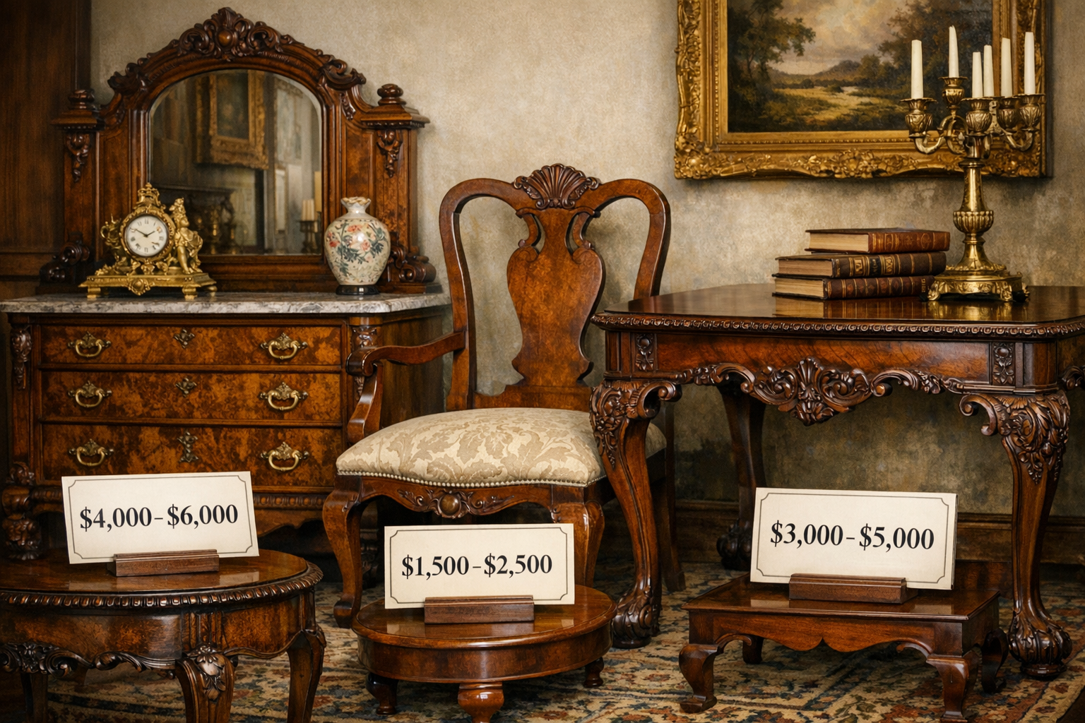Antique furniture values reference with style, wood, construction, hardware, finish, repairs, dimensions, photos, provenance, and appraisal purpose