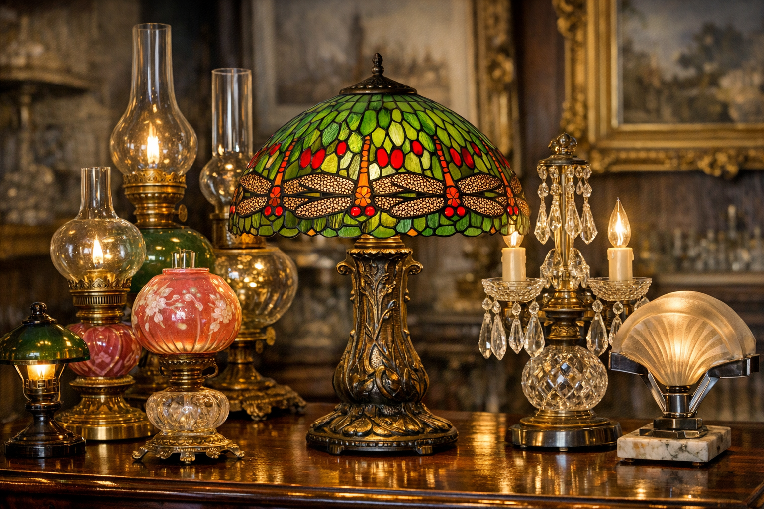 Antique lamp value reference with maker marks, materials, shade, socket, wiring, base, repairs, dimensions, photos, and condition