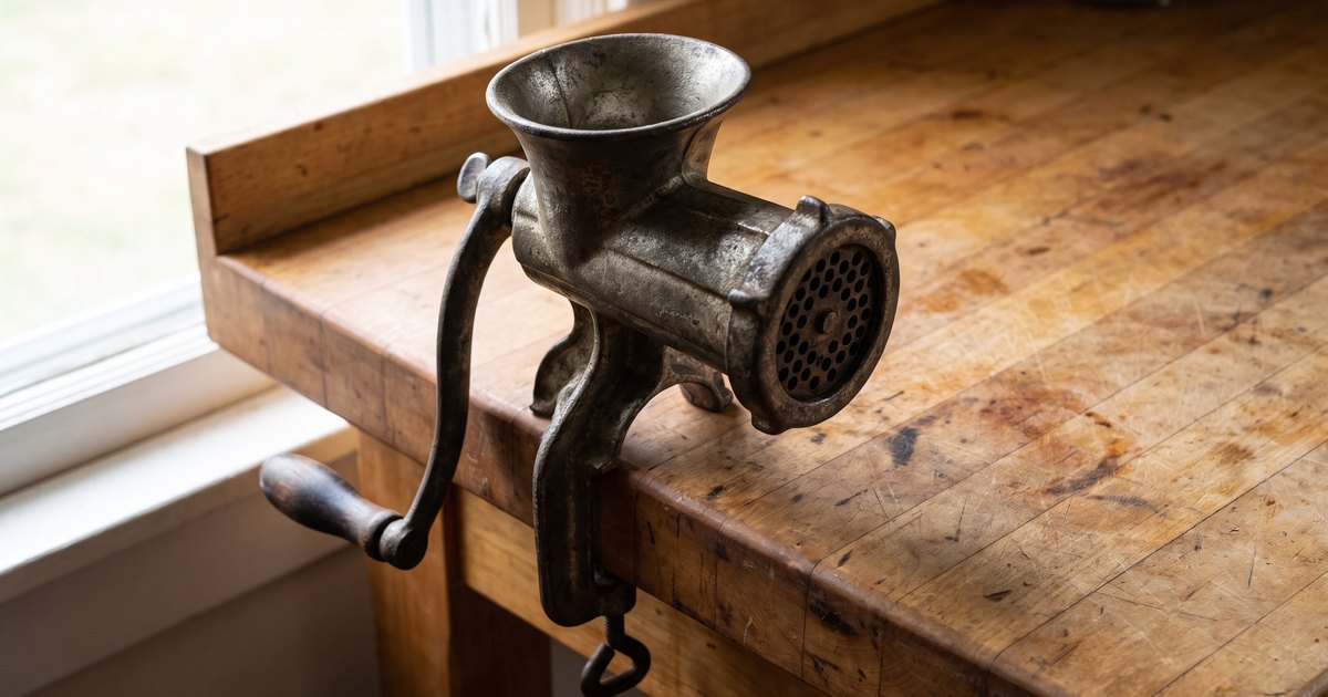 Antique clamp-on cast-iron meat grinder on a butcher-block table