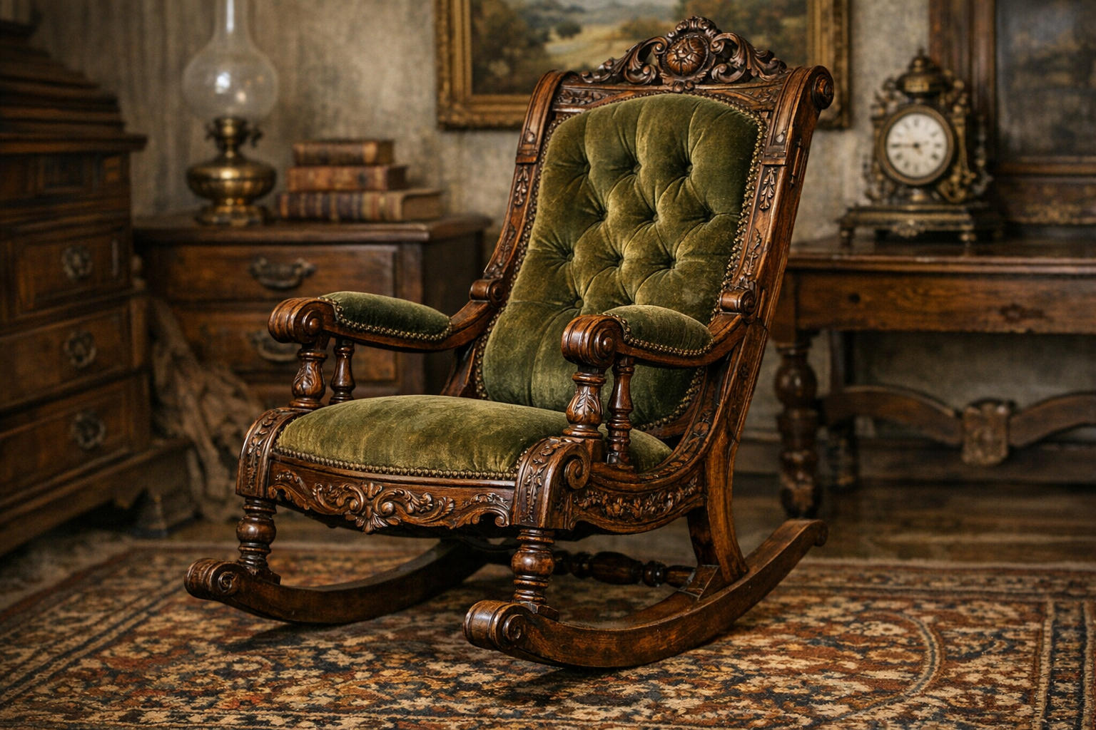 Antique rocking chair value reference with style, wood, joinery, rockers, surface, upholstery, repairs, dimensions, photos, and condition