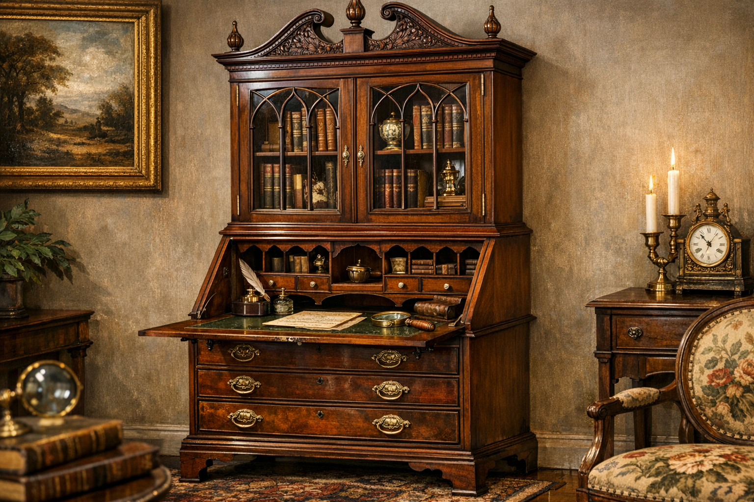 Antique secretary desk value reference with style, wood, drop-front construction, hardware, interior, finish, repairs, dimensions, photos, and condition
