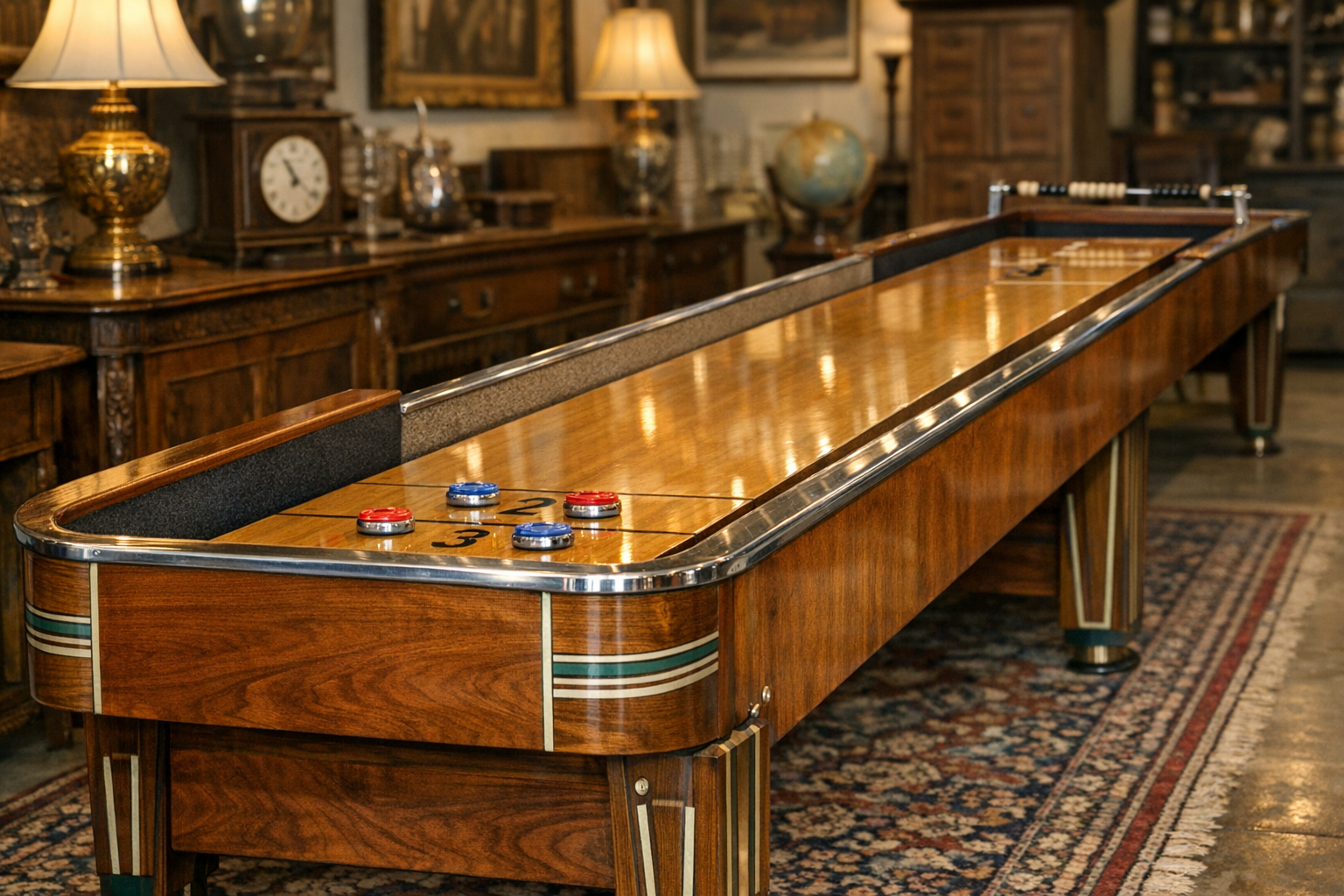 Antique shuffleboard table value reference with maker, playfield, cabinet, scoring hardware, size, finish, repairs, photos, and condition