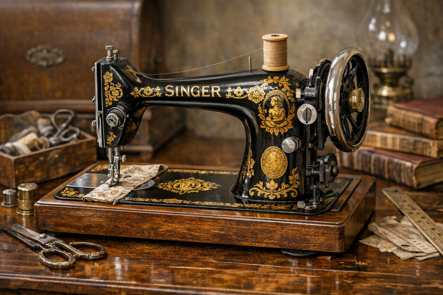 Antique Singer sewing machine value reference with serial number, model, decals, cabinet, attachments, working state, photos, and condition
