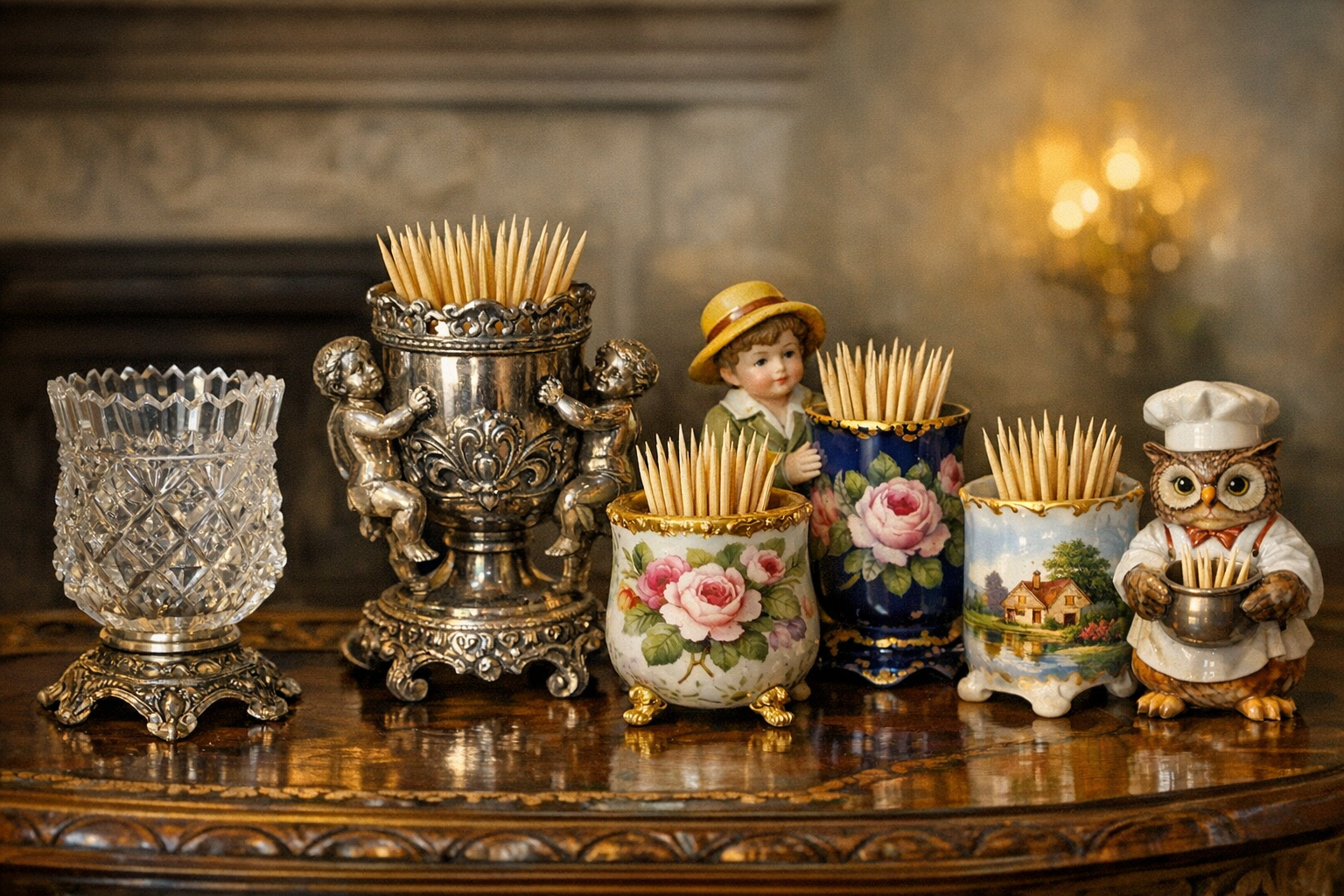 Antique toothpick holders value reference with material, maker marks, pattern, novelty form, size, chips, silver plate wear, photos, and condition