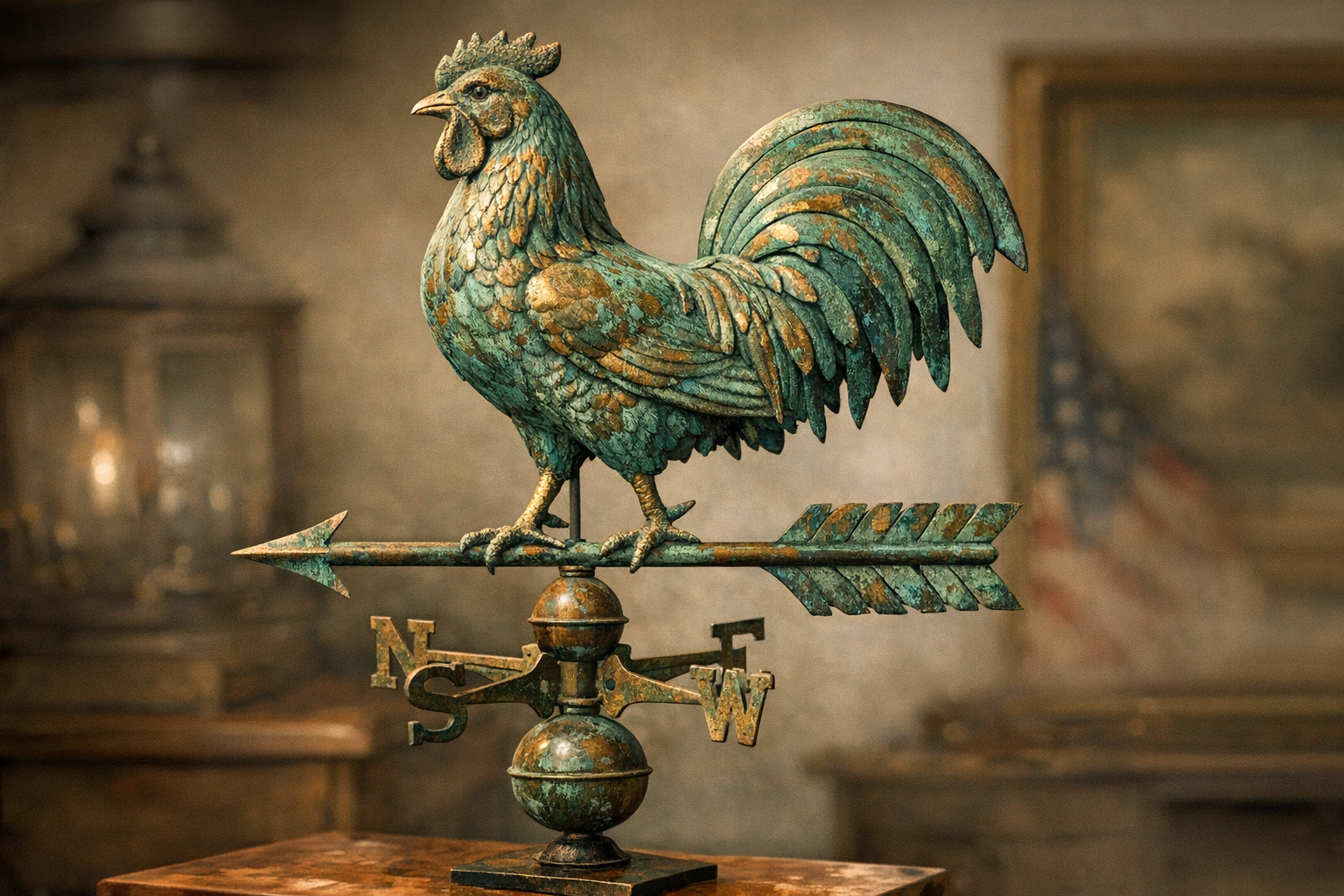 Antique weathervane value reference with form, material, surface, seams, mounting, directionals, size, repairs, photos, and condition