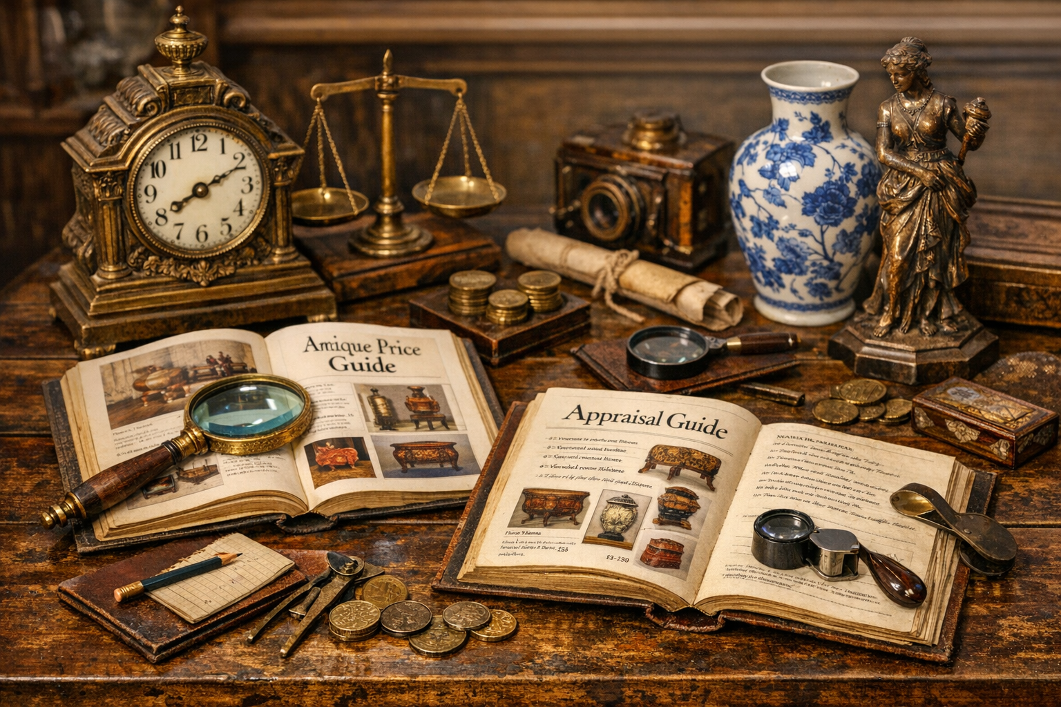 Antique value guide reference with category, age clues, maker marks, materials, condition, provenance notes, photos, and relevant market evidence
