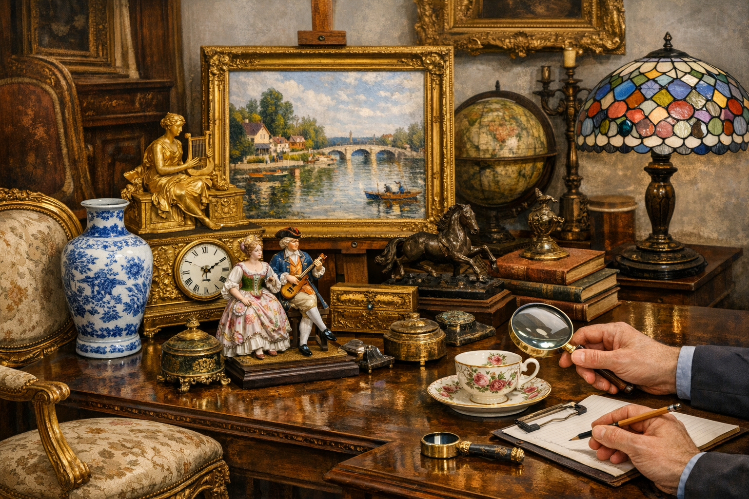 Value of antiques reference with item category, age clues, maker marks, materials, condition, provenance notes, photos, and market evidence