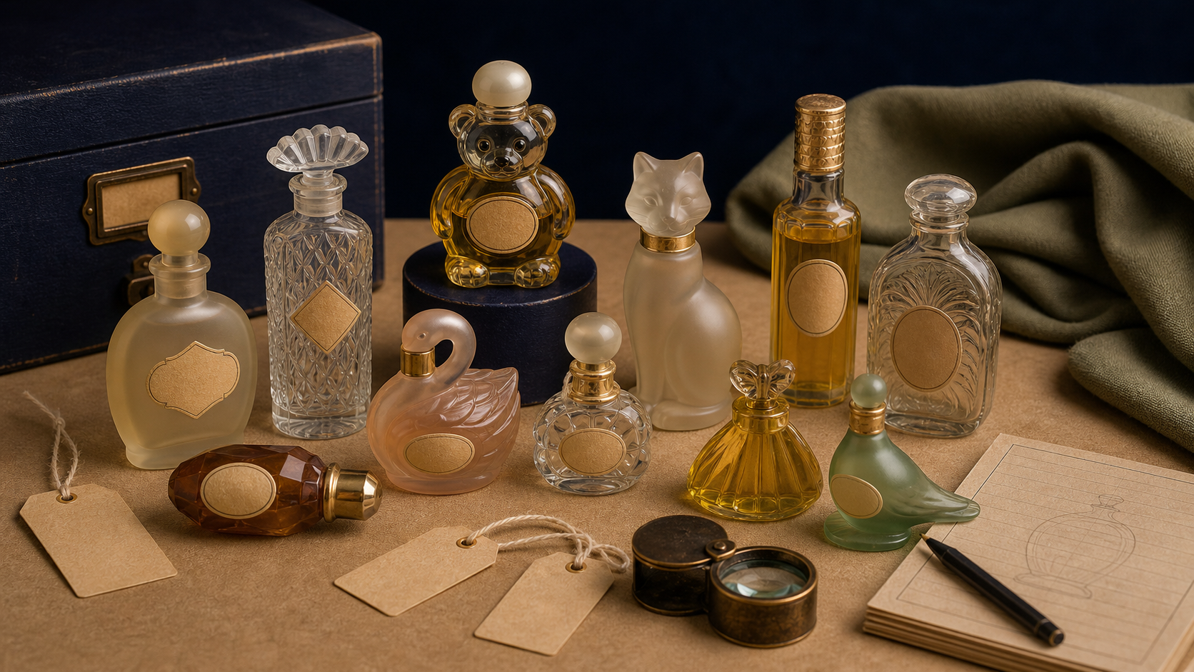 Generated editorial image of novelty perfume bottles on a warm appraisal surface
