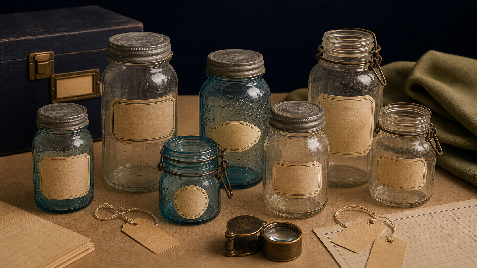 Generated editorial image of old blue fruit jars on an appraisal table