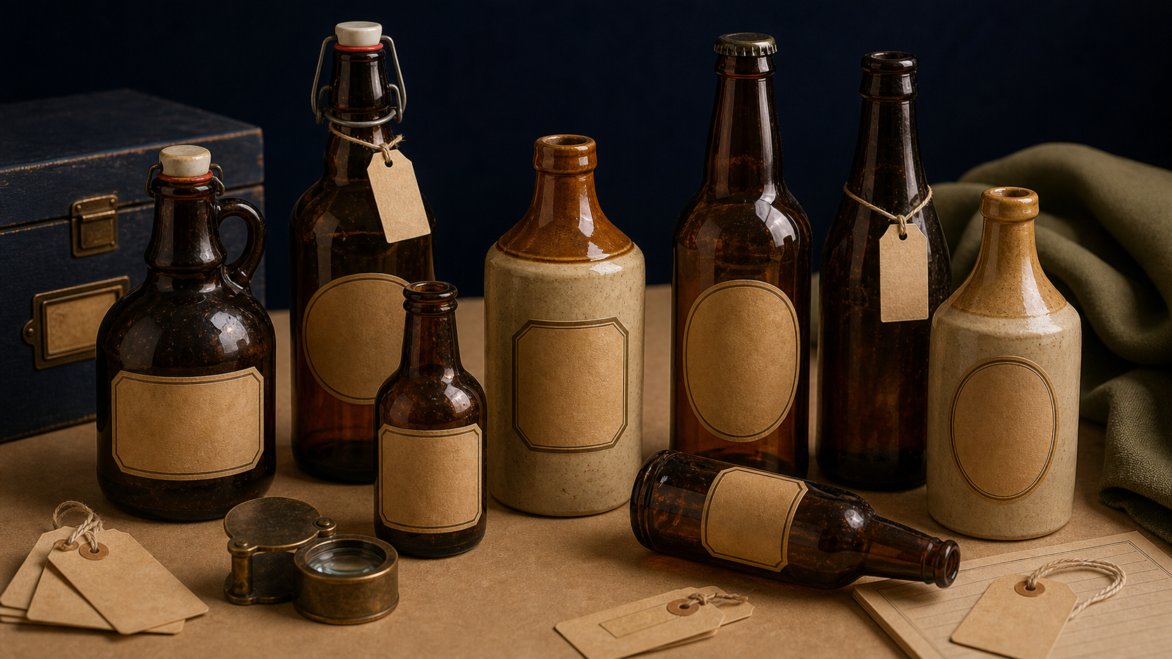 Generated editorial image of old beer and ginger beer bottles on an appraisal table