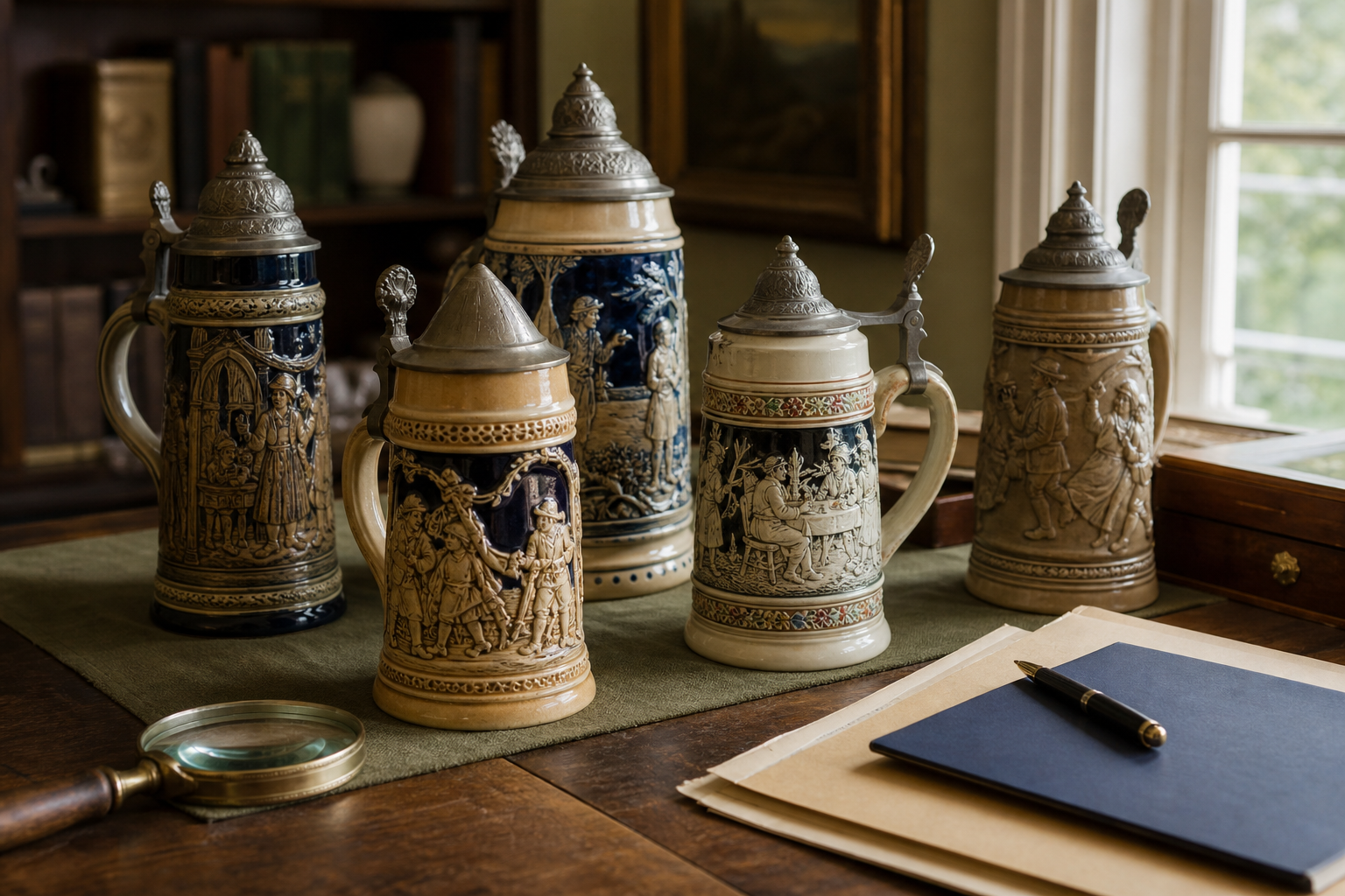 Generated editorial image of old beer steins on an appraisal table