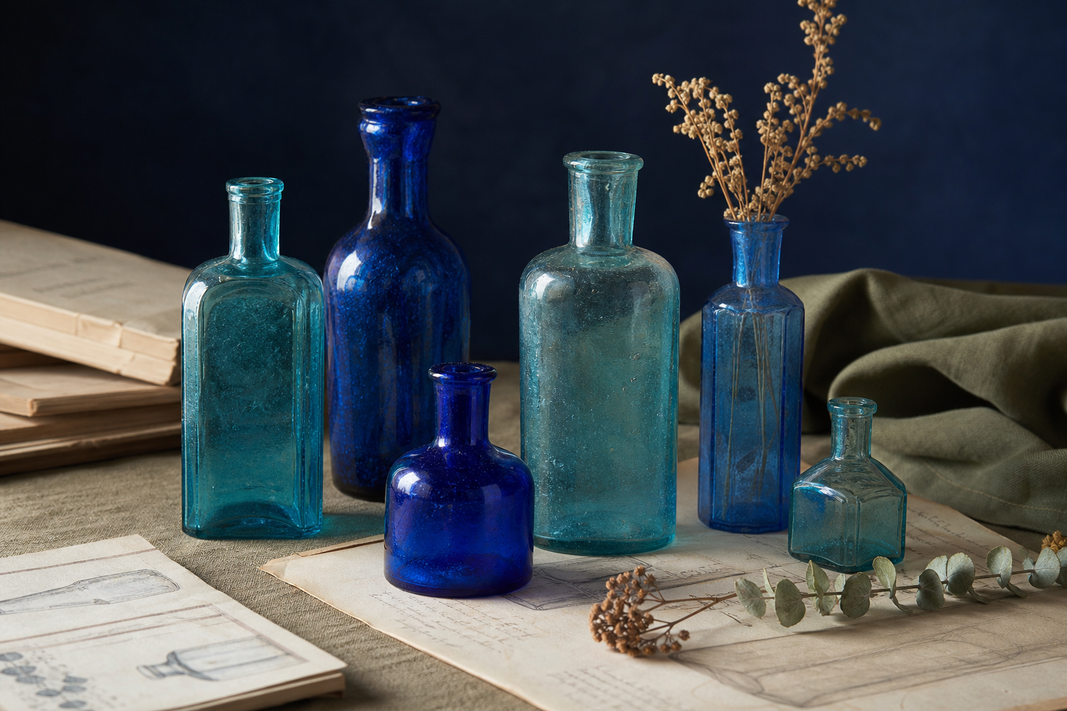 Generated editorial image of old blue glass bottles on an appraisal table
