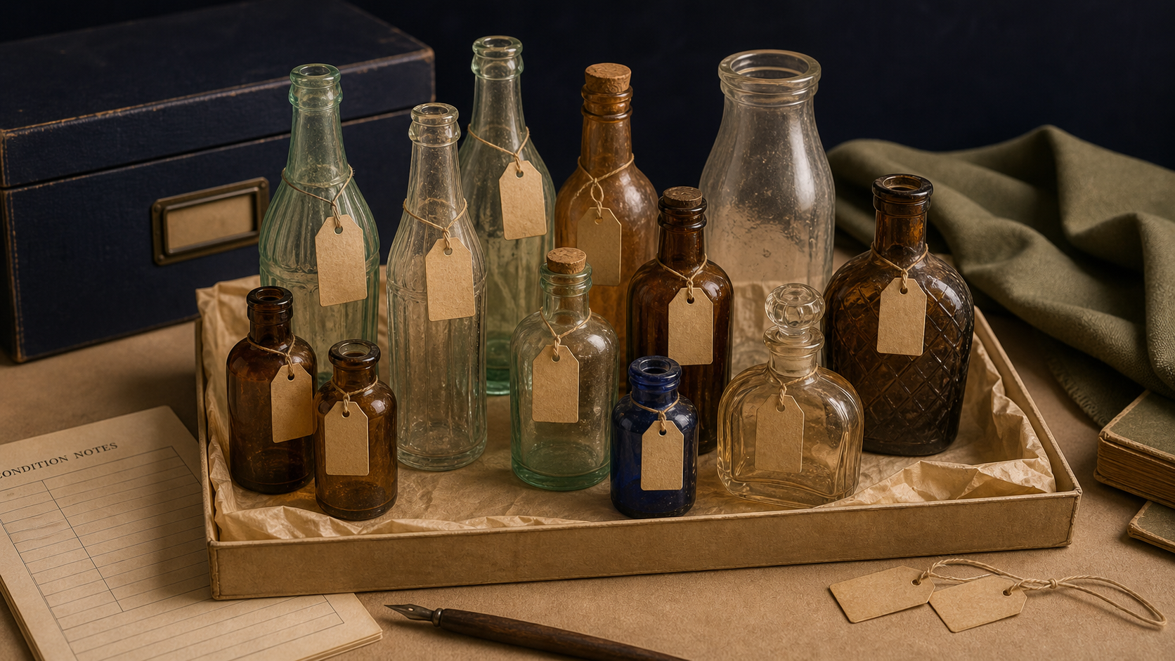 Generated editorial image of an old bottle collection on an appraisal table
