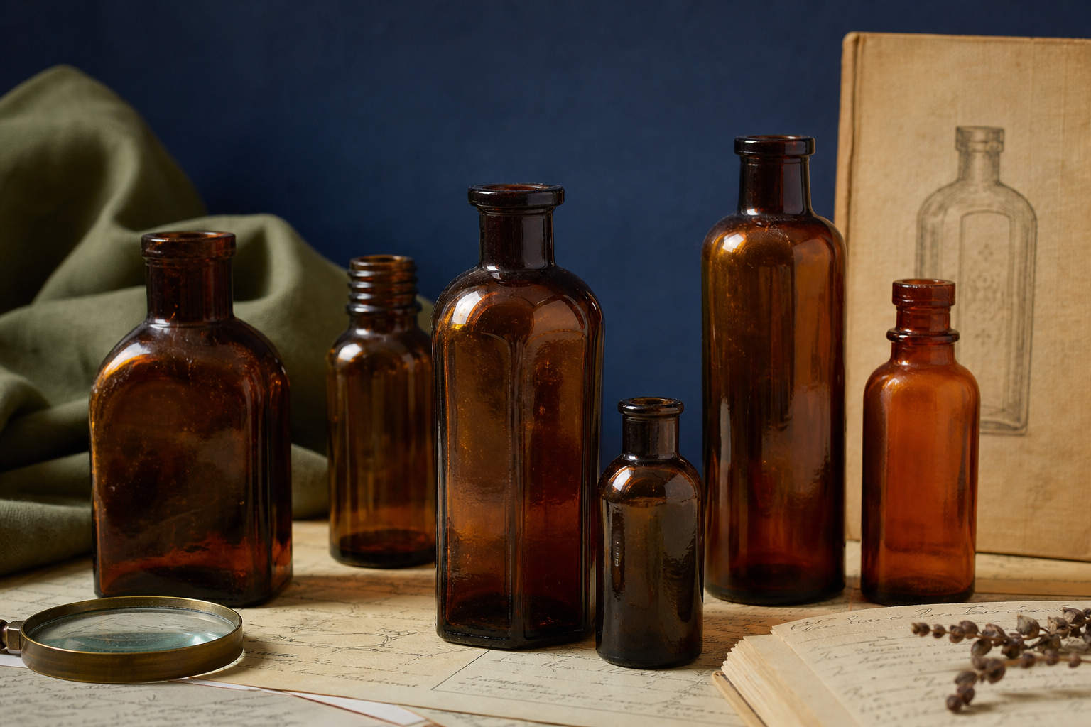 Generated editorial image of old brown and amber glass bottles on an appraisal table