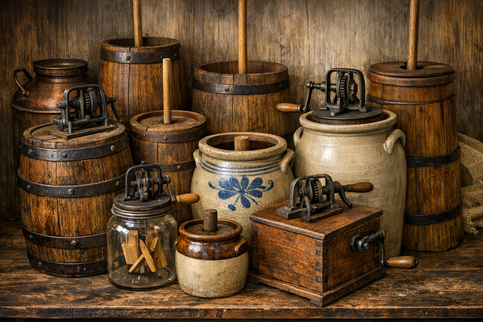 Old butter churn value reference with type, maker marks, crock, lid, dasher, hardware, size, glaze, photos, repairs, and condition