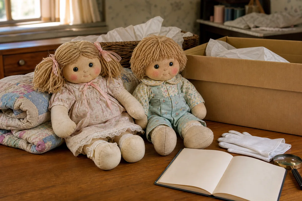Generic 1980s-inspired soft-sculpture dolls arranged as an editorial inspection scene