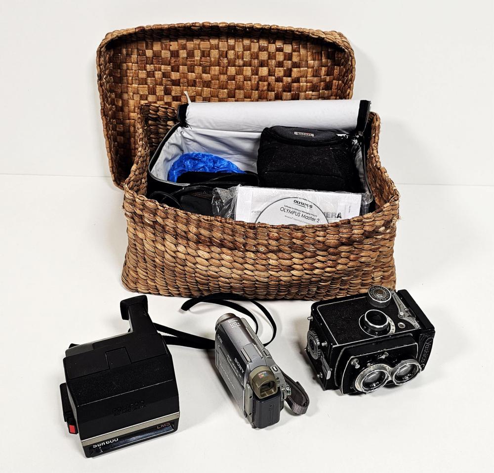 Market example: basket of eight vintage cameras with accessories